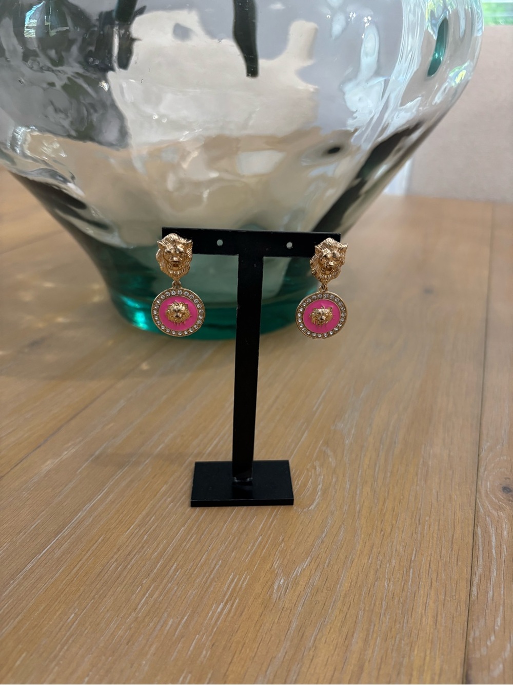 Gold Lion Head Drop Earrings with Pink Enamel and Crystal Accents